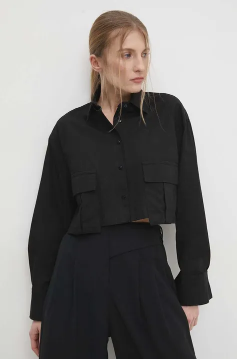 Памучна риза Answear Lab дамска в черно със свободна кройка с класическа яка
