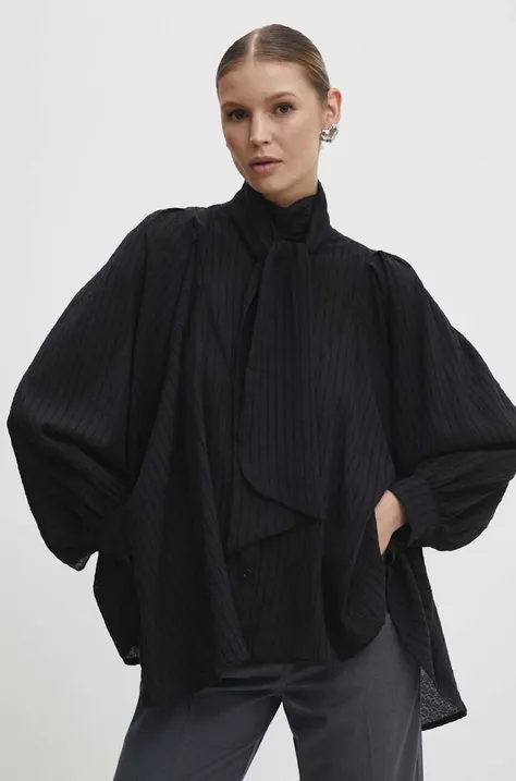 Košeľa Answear Lab dámska, čierna farba, voľný strih, s viazaním vo výstrihu
