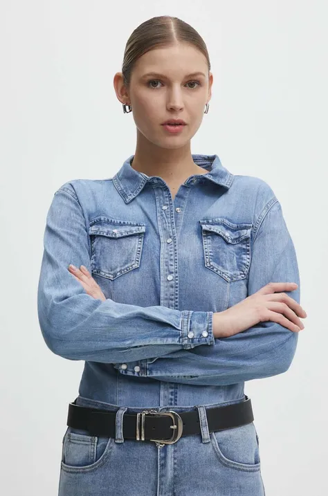 Дънкова риза Answear Lab дамска в синьо със стандартна кройка с класическа яка
