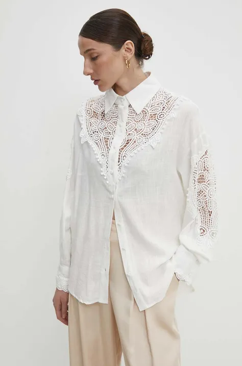 Ленена риза Answear Lab в бяло със свободна кройка с класическа яка