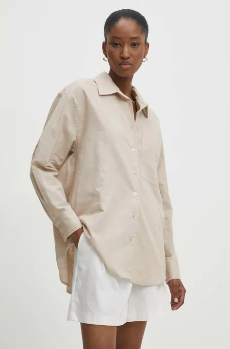 Ľanová košeľa Answear Lab béžová farba, voľný strih, s klasickým golierom
