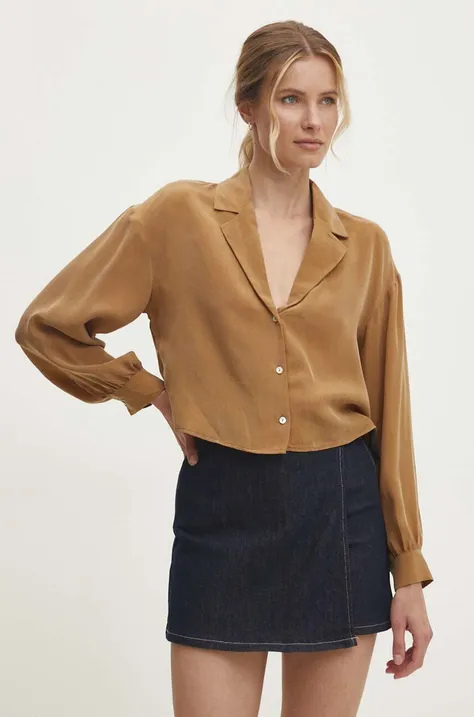 Košeľa Answear Lab dámska, hnedá farba, voľný strih, s klasickým golierom