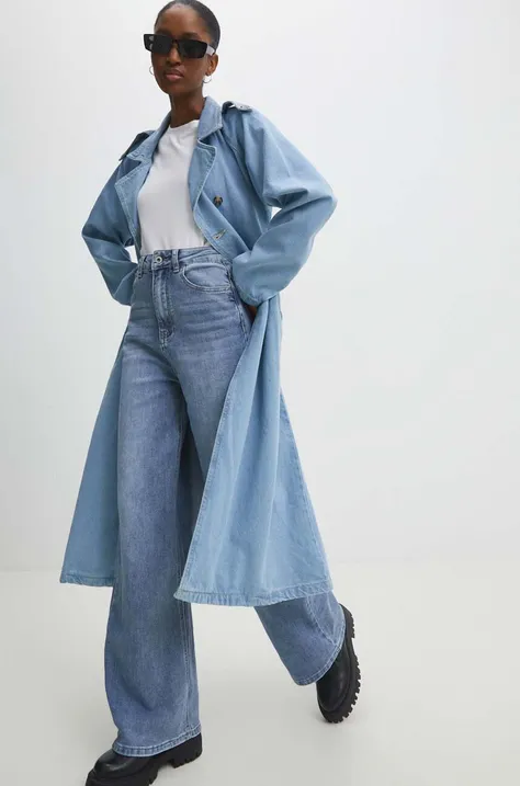 Answear Lab trencz jeansowy kolor niebieski przejściowy dwurzędowy
