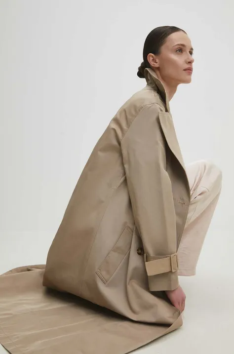Памучно палто Answear Lab в кафяво преходен модел с двуредно закопчаване