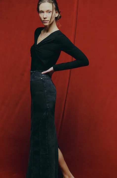 Rifľová sukňa Answear Lab čierna farba, maxi, puzdrová