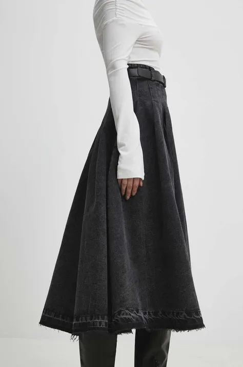 Rifľová sukňa Answear Lab čierna farba, midi, áčkový strih