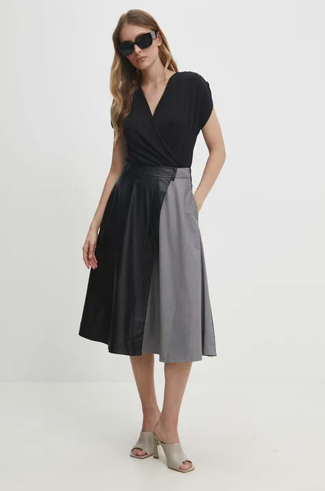 Suknja Answear Lab boja: siva, midi, širi se prema dolje