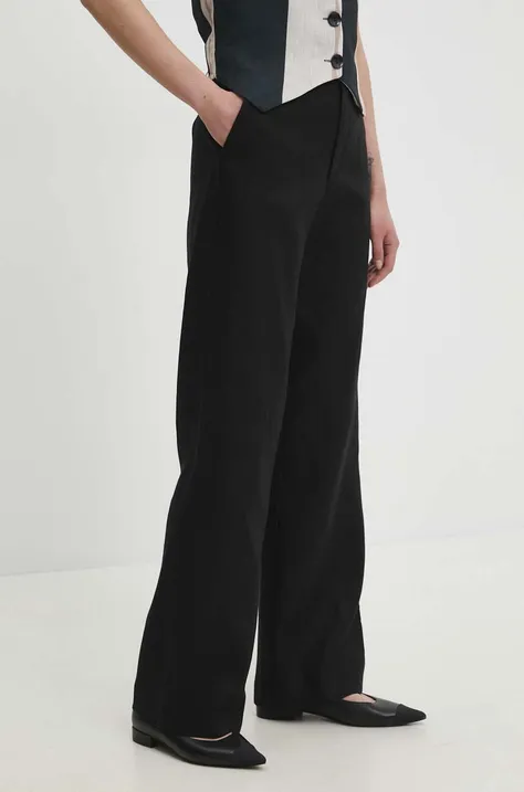 Ľanové nohavice Answear Lab čierna farba, rovné, vysoký pás