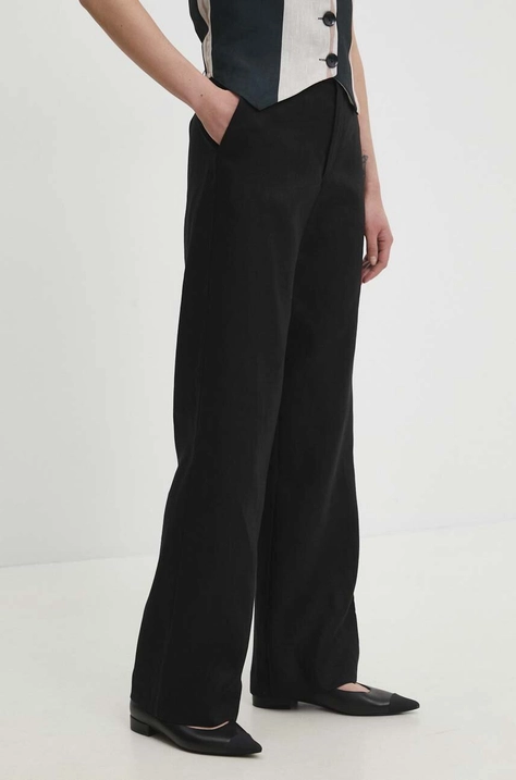 Answear Lab pantaloni din in culoarea negru, drept, high waist