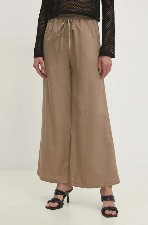 Ľanové nohavice Answear Lab béžová farba, široké, vysoký pás