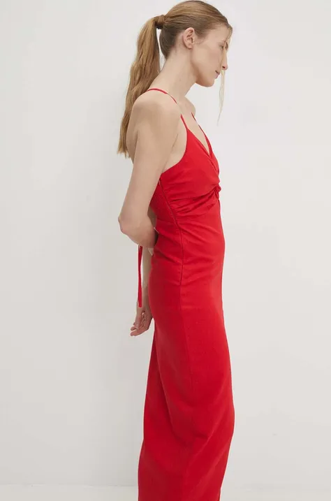 Lanena haljina Answear Lab boja: crvena, maxi, širi se prema dolje