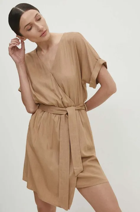 Lanena haljina Answear Lab boja: bež, mini, širi se prema dolje