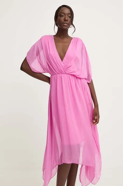 Answear Lab sukienka z jedwabiem kolor różowy midi rozkloszowana
