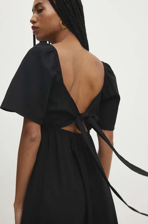 Lanena haljina Answear Lab boja: crna, midi, širi se prema dolje