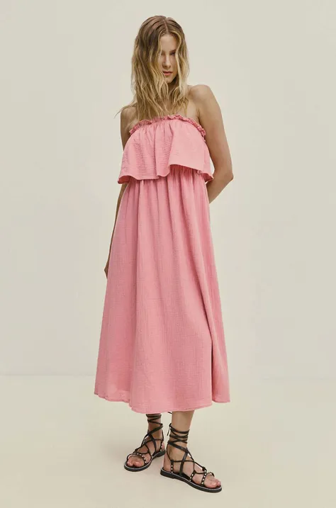 Хлопковое платье Answear Lab цвет розовый midi расклешённая