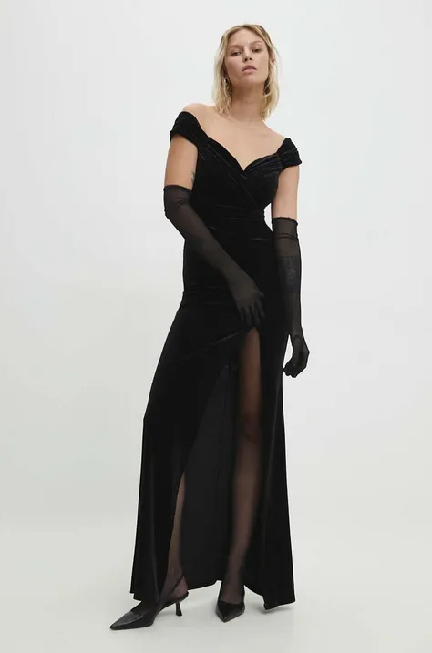 Answear Lab sukienka welurowa kolor czarny maxi dopasowana