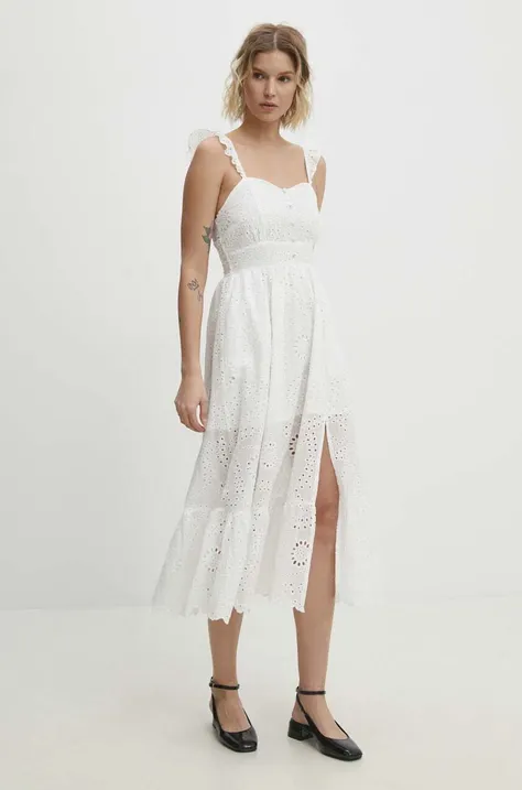 Pamučna haljina Answear Lab boja: bijela, midi, širi se prema dolje