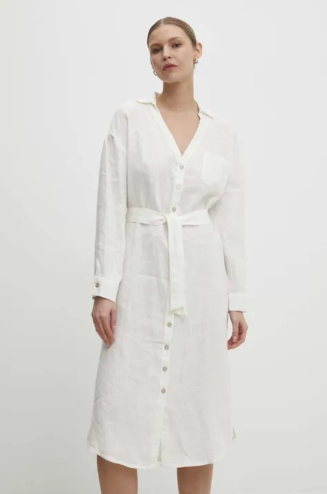 Ľanové šaty Answear Lab biela farba, midi, rovný strih
