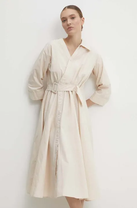 Pamučna haljina Answear Lab boja: bež, midi, širi se prema dolje