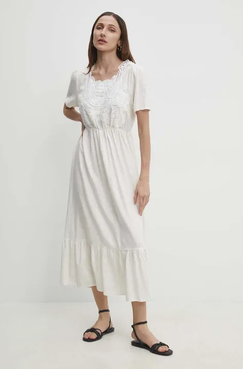 Answear Lab vászon ruha fehér, maxi, harang alakú