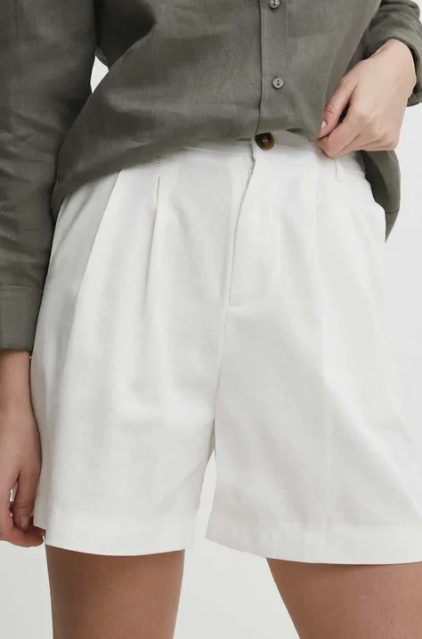 Answear Lab vászon rövidnadrág fehér, sima, magas derekú