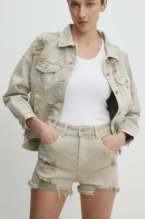 Answear Lab pantaloni scurti jeans femei, culoarea bej, neted, high waist