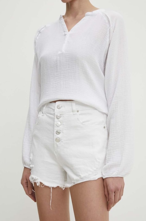 Answear Lab pantaloni scurti jeans femei, culoarea alb, neted, high waist
