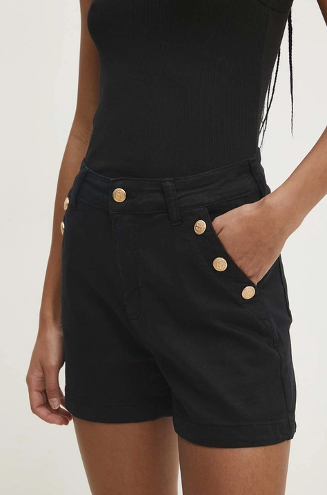 Answear Lab pantaloni scurti jeans femei, culoarea negru, neted, high waist