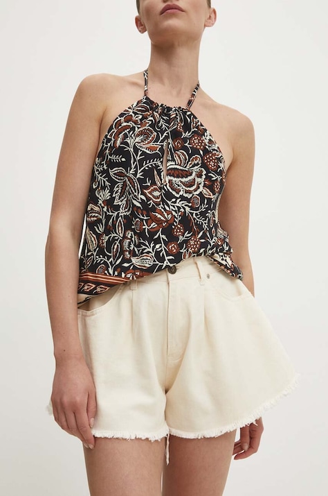 Answear Lab pantaloni scurti jeans femei, culoarea alb, neted, high waist