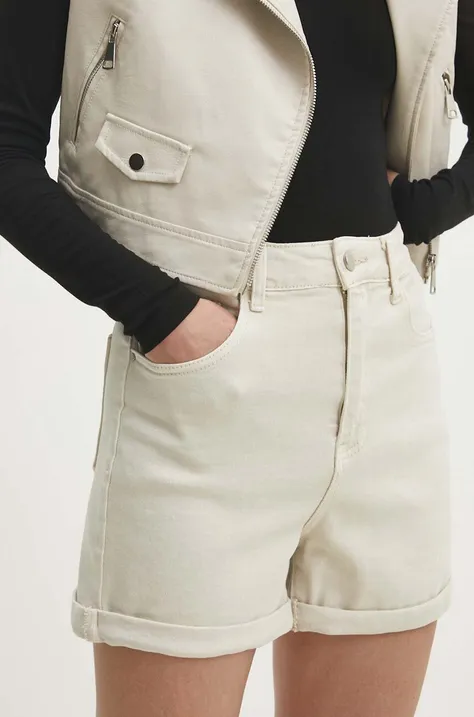 Answear Lab szorty jeansowe damskie kolor beżowy gładkie high waist