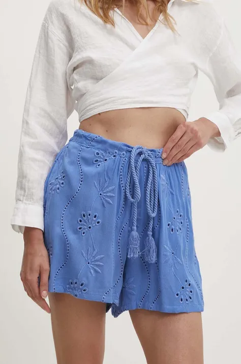 Къс панталон с лен Answear Lab в синьо с изчистен дизайн с висока талия