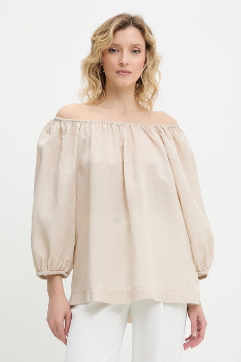 Answear Lab bluza din amestec de in culoarea bej, neted