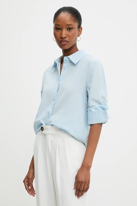 Ленена риза Answear.LAB дамска в синьо със стандартна кройка с класическа яка