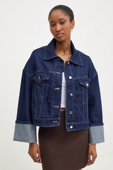 Answear Lab geaca jeans femei, culoarea albastru marin, de tranzitie, oversize