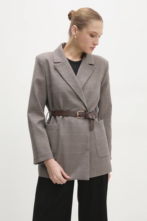 Answear Lab sacou culoarea bej, cu doua randuri de nasturi, modelator
