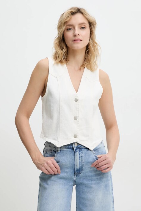 Answear Lab vesta jeans culoarea bej, un singur rand de nasturi