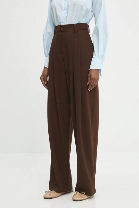 Kalhoty s vlnou Answear Lab dámské, hnědá barva, široké, high waist