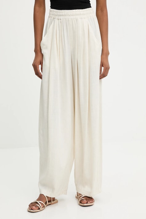 Answear Lab pantaloni din in culoarea bej, drept, high waist