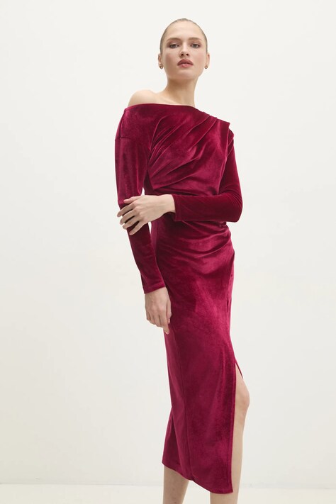 Answear Lab rochie de catifea culoarea roz, midi, mulată