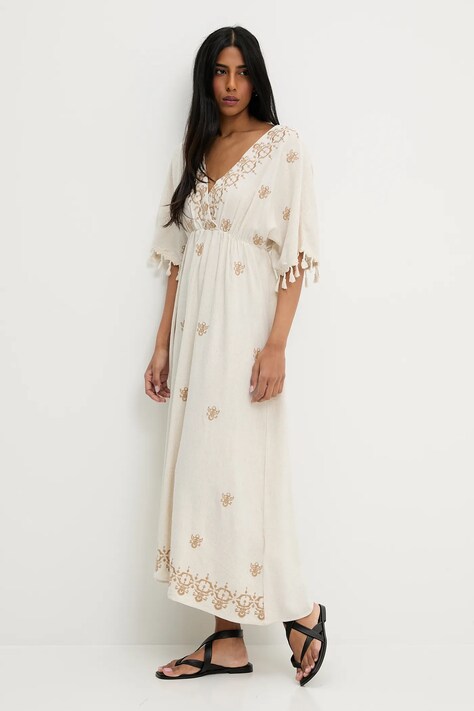 Lněné šaty Answear.LAB béžová barva, maxi