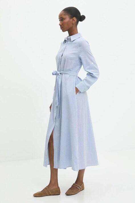 Answear.LAB sukienka lniana kolor niebieski midi rozkloszowana