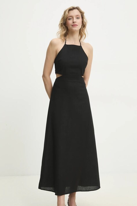 Рокля с лен Answear.LAB в черно дълга със стандартна кройка