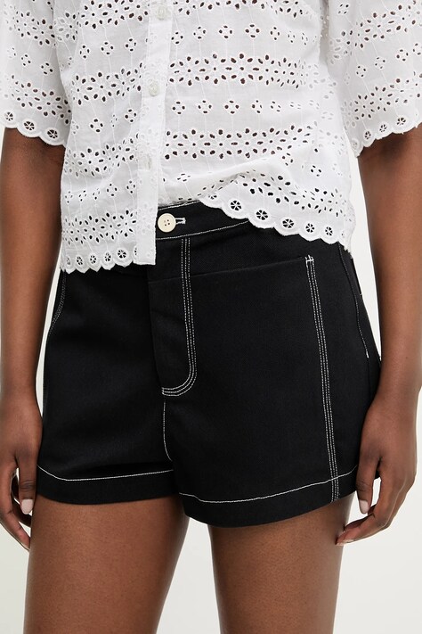 Answear Lab pantaloni scurti jeans femei, culoarea negru, neted, high waist
