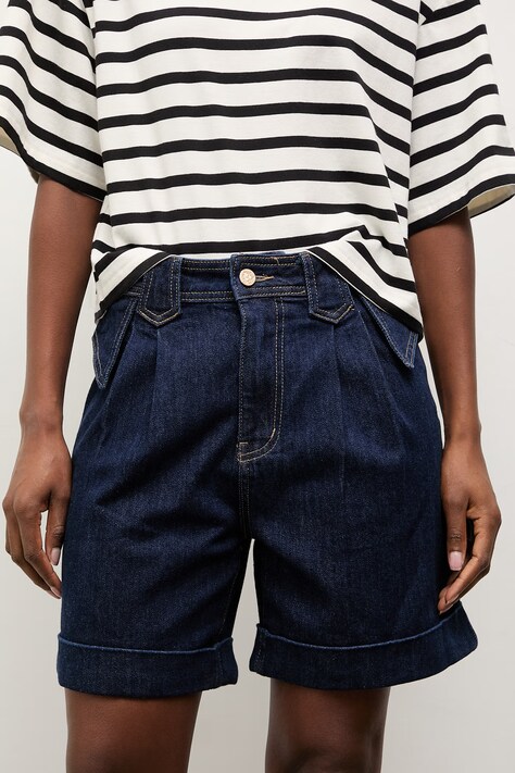 Answear Lab pantaloni scurti jeans femei, culoarea albastru marin, neted, high waist