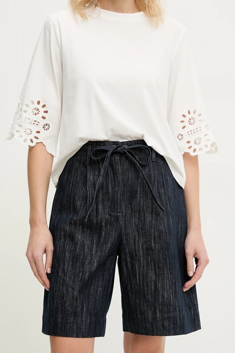 Answear Lab pantaloni scurti jeans femei, culoarea albastru marin, neted, high waist