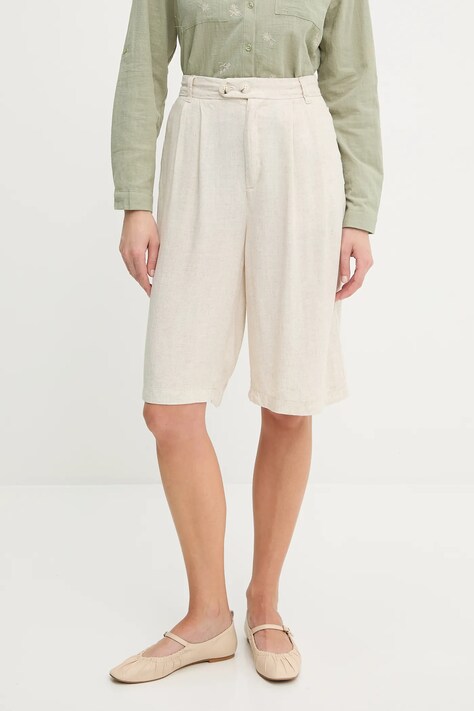 Answear Lab szorty lniane damskie kolor beżowy gładkie high waist