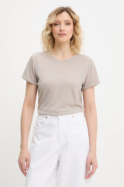 Answear Lab t-shirt lniany damski kolor beżowy
