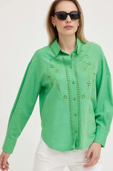 Lněná košile Answear Lab zelená barva, relaxed, s klasickým límcem