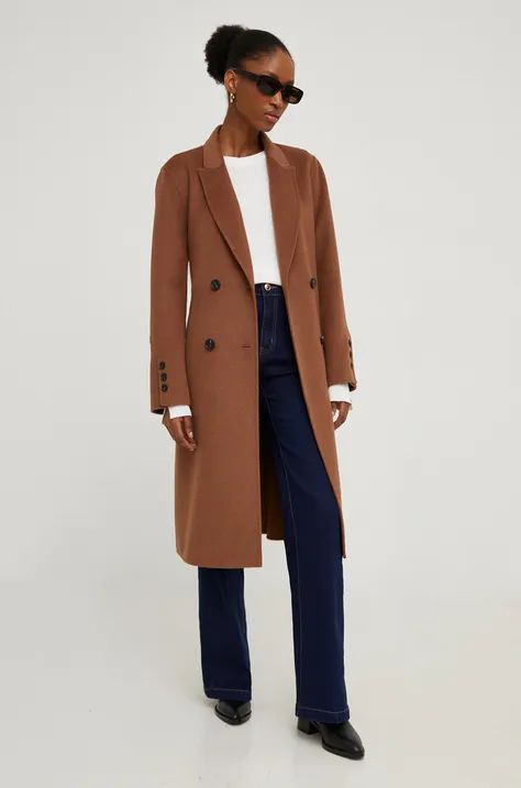 Vlnený kabát Answear Lab hnedá farba, prechodný, dvojradový