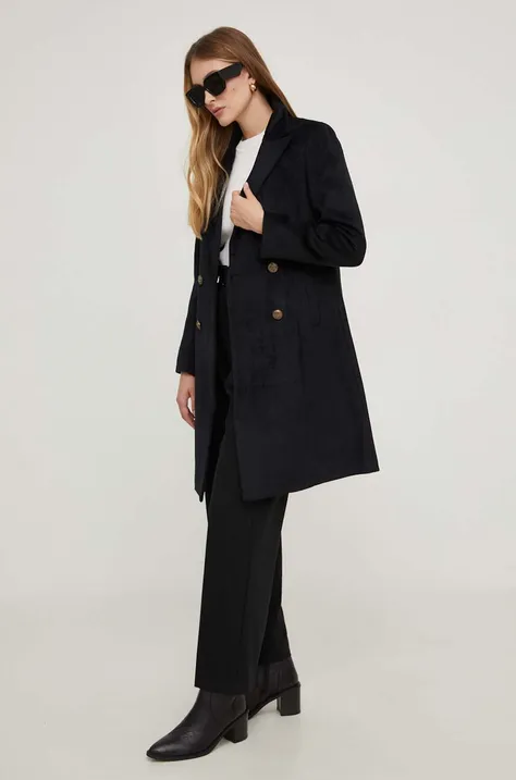 Палто с вълна Answear Lab в черно преходен модел с двуредно закопчаване
